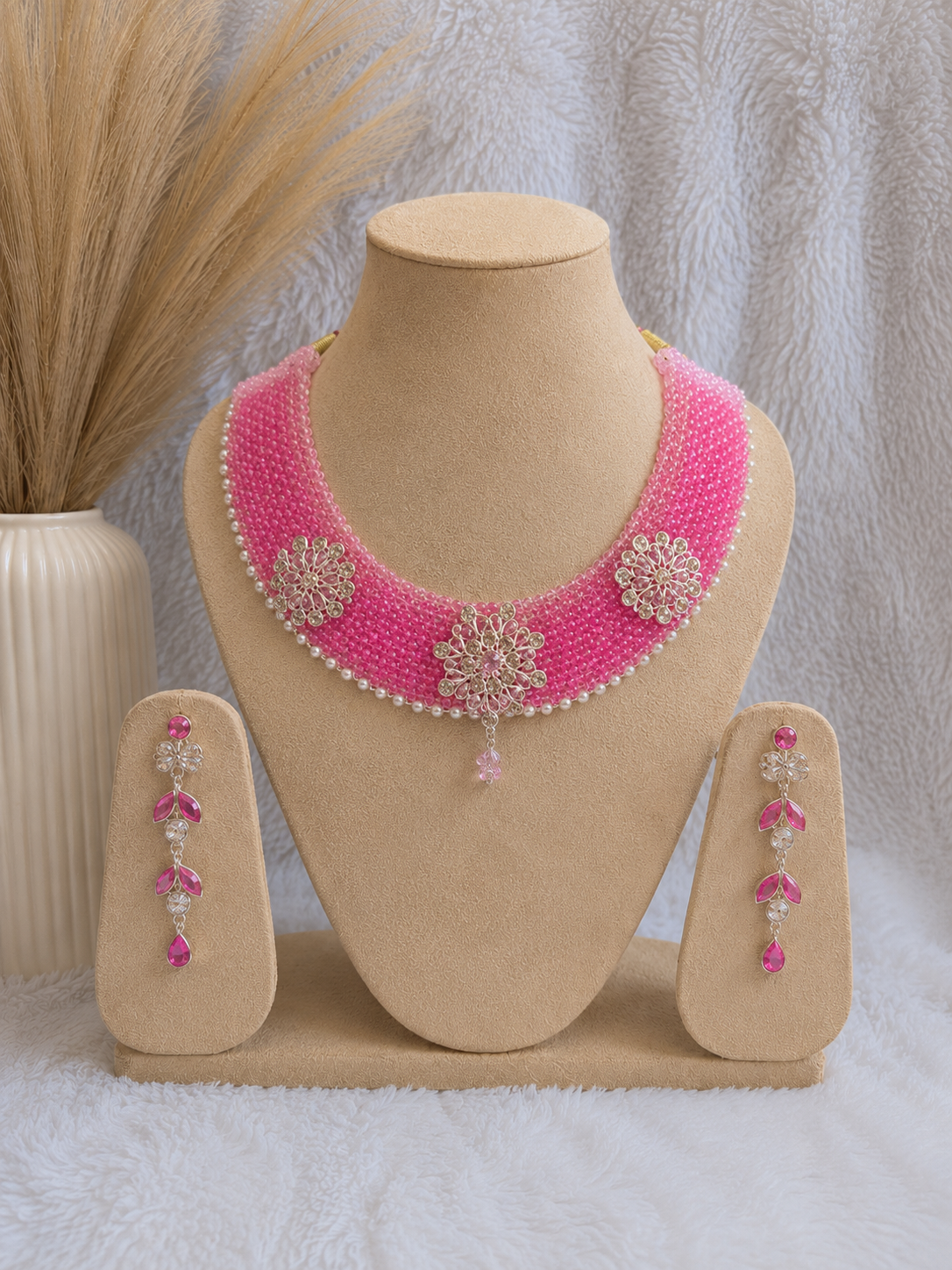 Blush Pink Crystal Bridal Necklace Set